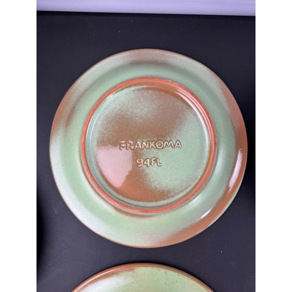 Set of 5 Vintage Green Stoneware Salad Plates Wagon Wheel Sunburst Embossed 8